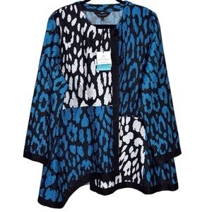 Ming Wang Blazer Crinkle Jacket Blue Black Animal Print Asymmetrical Large NWT